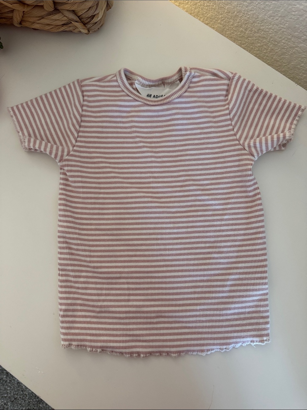 H&M Pink & White Ribbed Stripe Short Sleeve Tee